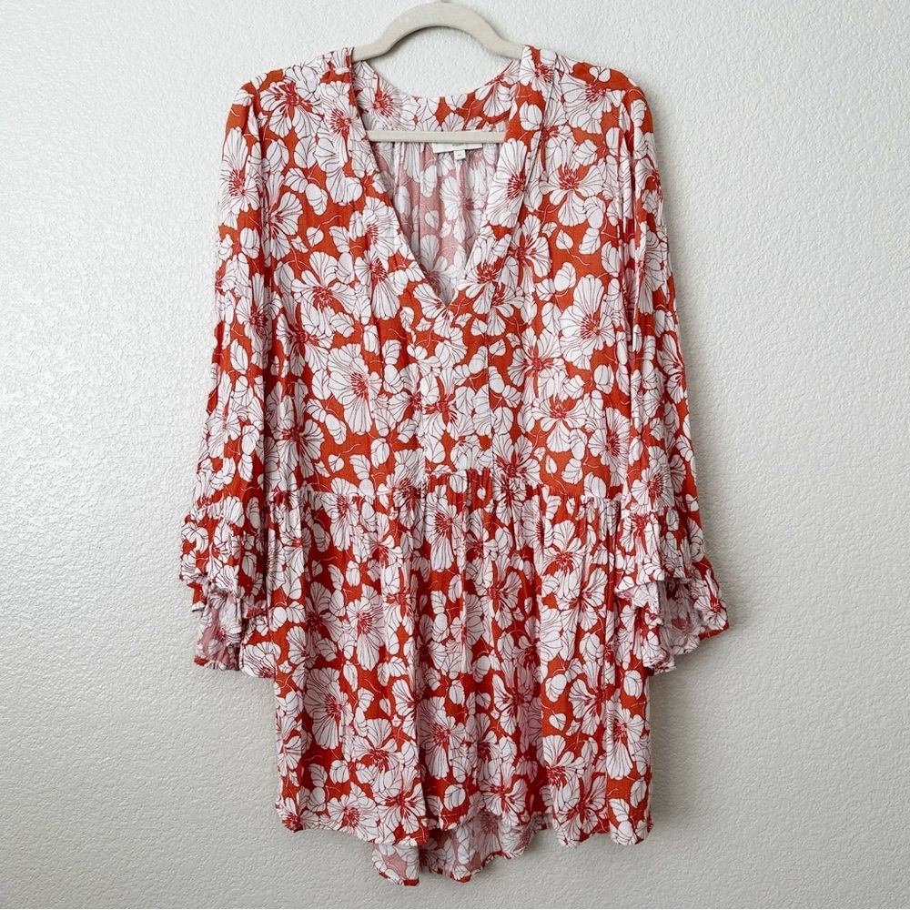 Cynthia Rowley Boho Coral White Floral V-neck Tunic Top, Size 1X